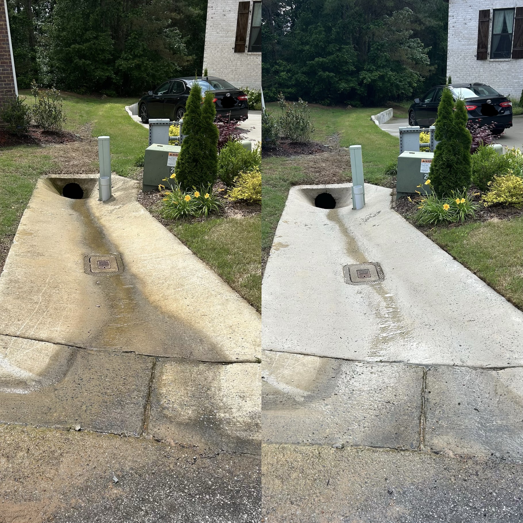 Before and after pressure washing comparison on a concrete drain area