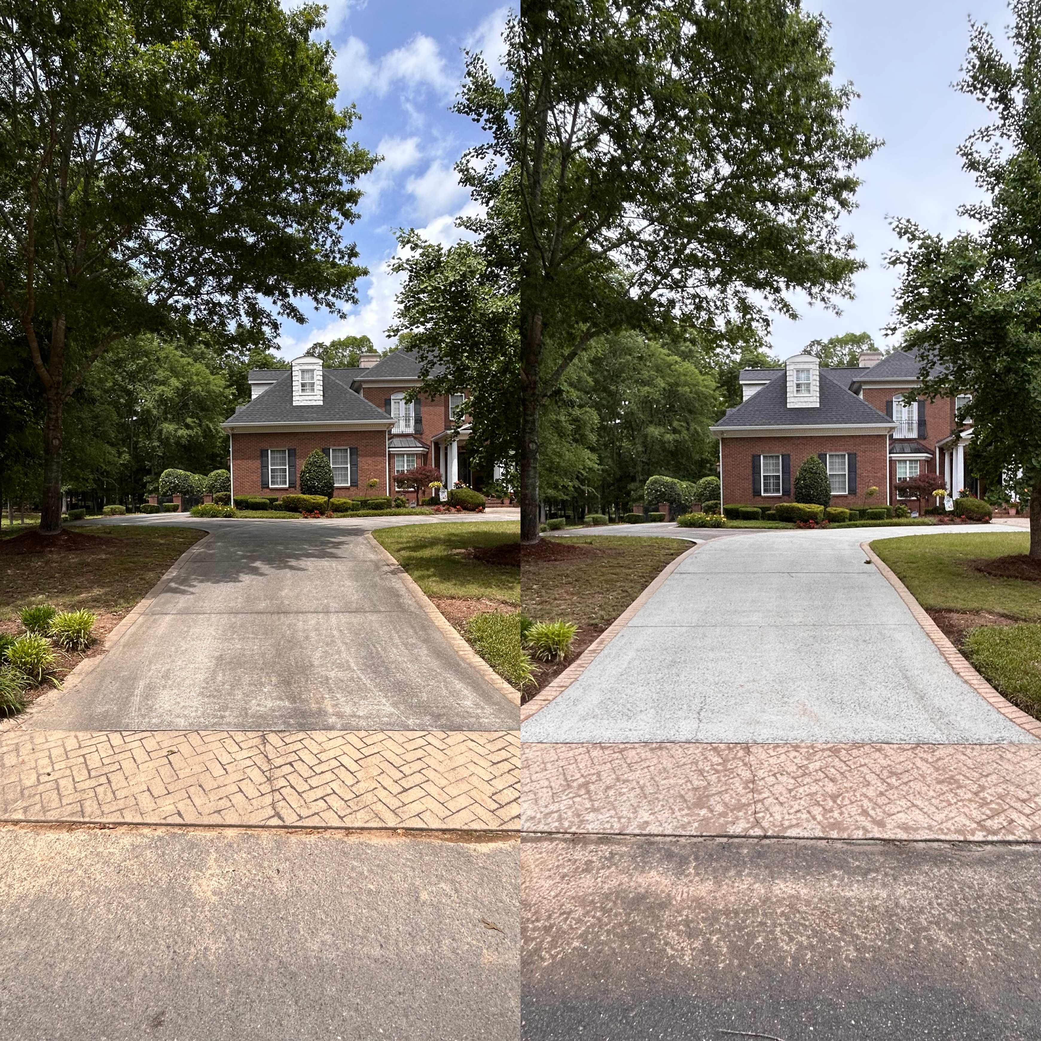Before and after pressure washing comparison on a driveway
