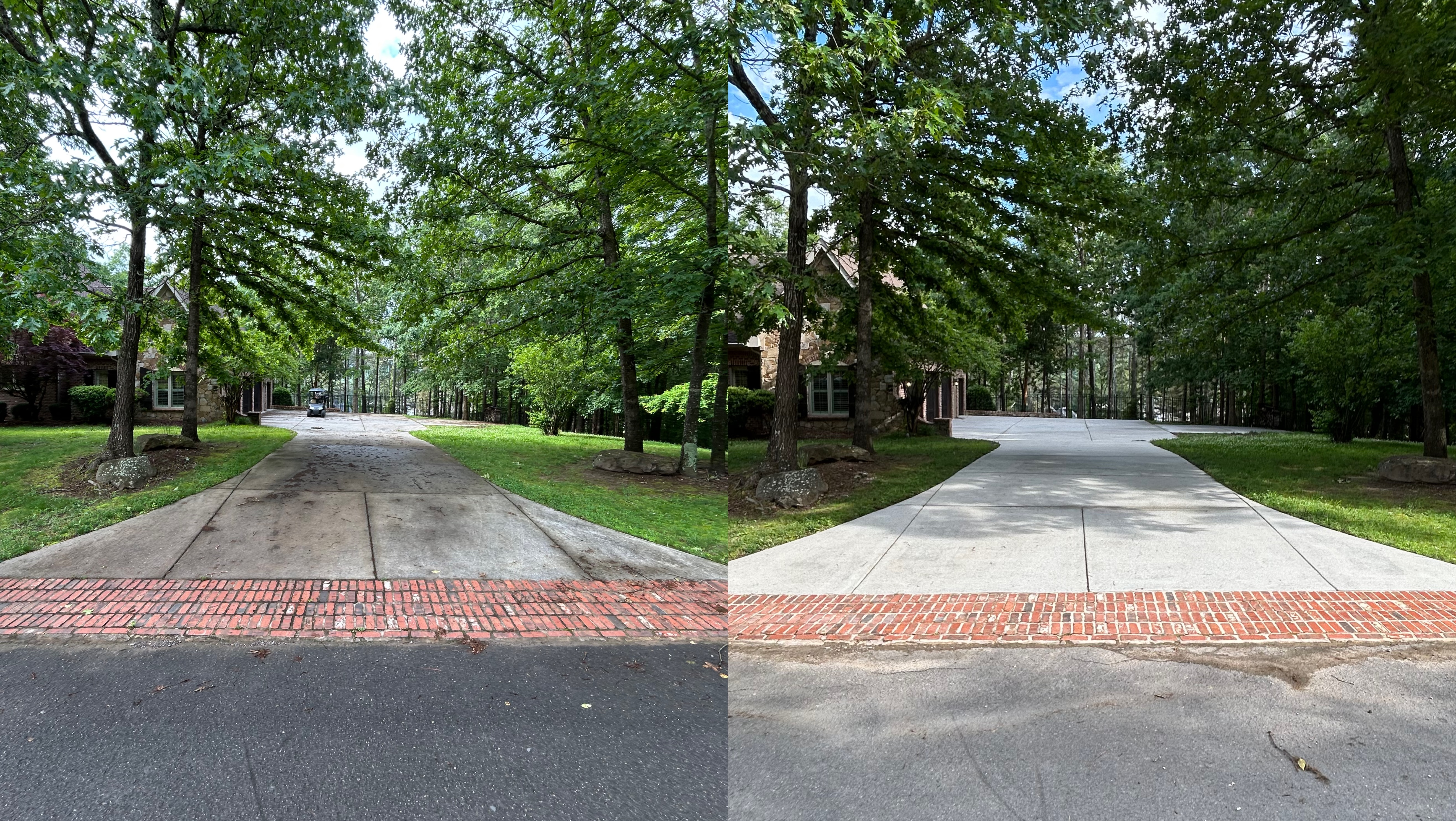 Before and after pressure washing comparison on a large driveway